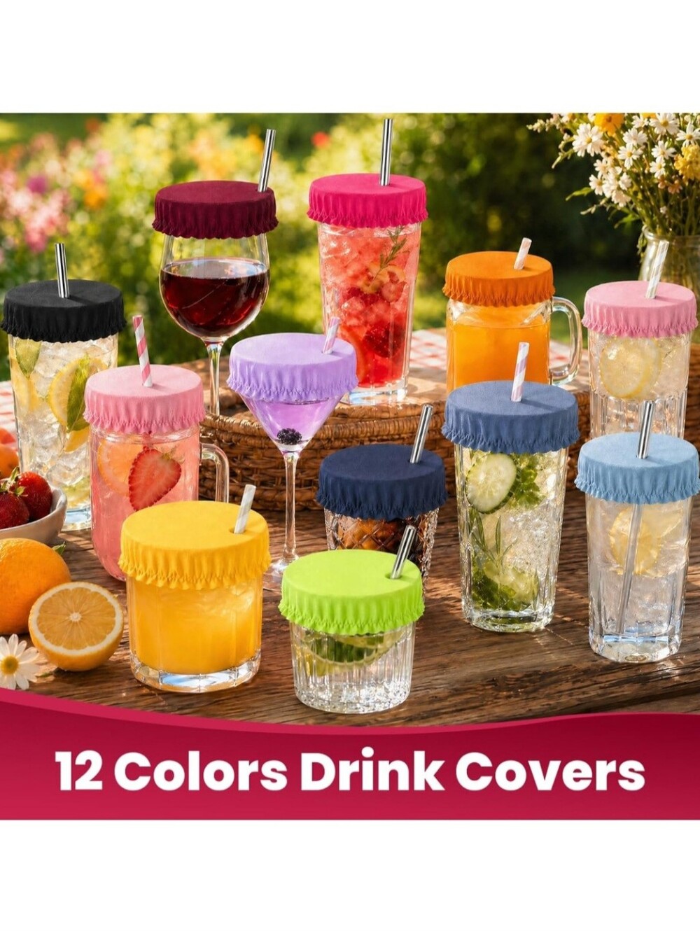 (12 Pack) Reusable Protective Drink Covers with Straw Hole